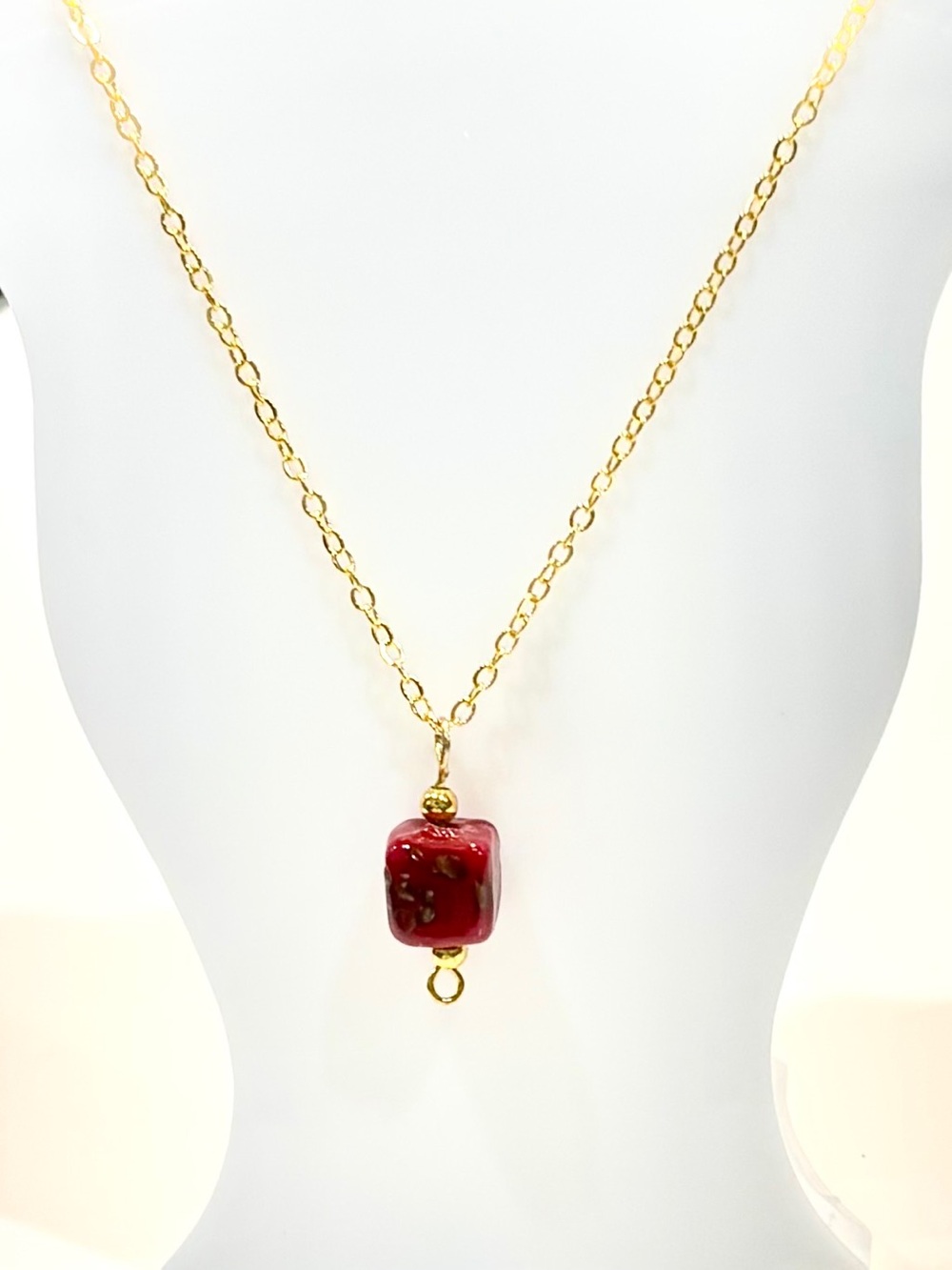 Hand Crafted Gold-toned Chain Necklace with Red Ceramic Cubic Pendant